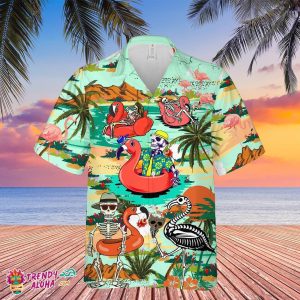 2023 Beach Party Flamingo Skeletons Funny Print Hawaiian Shirt