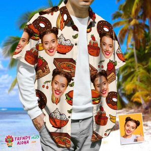 3D Face Print Trendy KLA Hawaiian Shirt Cheese Burger & Pizza Casual Tropical Funky Button-Down Shirt