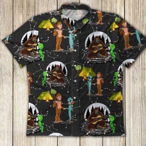 Alien Camping Hawaiian Shirt Alien Camping With Bigfoot Pattern Black Hawaii KLA Shirt