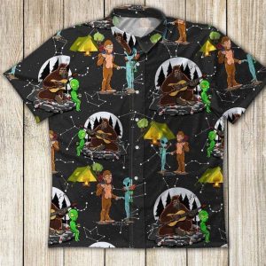 Alien Camping Trendy Hawaiian Shirt Alien Camping With Bigfoot Pattern Black Hawaii KLA Shirt