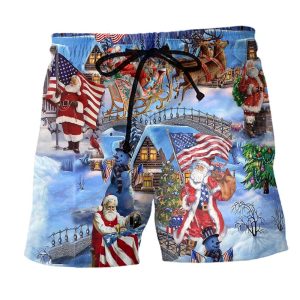 America Christmas Patriotic Santa Claus Trendy KLA Hawaiian Beach Shorts