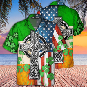American Flag Celtic Cross Irish Saint Patricks Day Hawaiian Shirt Beach Short
