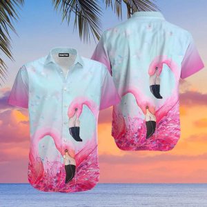 Artistic Hawaiian Shirt with Pink Flamingo Heart
