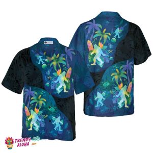 Artistic Summer Bigfoot Hawaiian Shirts For Men, Black And Blue Sasquatch Shirts