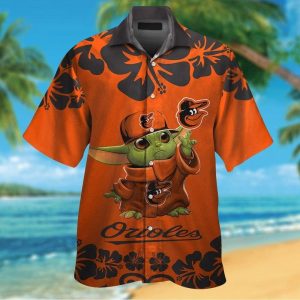 Baltimore Orioles Baby Yoda Short Sleeve Button Up Tropical Hawaiian Shirt