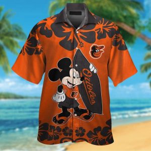 Baltimore Orioles Mickey Mouse Short Sleeve Button Up Tropical Hawaiian Shirt