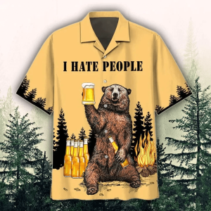 Bear Drinking Beer Summer Trendy Hawaiian Shirt, I Hate People Beer With Mug Beer Gold Theme Trendy Hawaiian Shirt