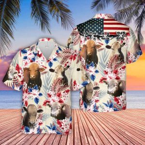 Beefalo Pattern Us Flag Trendy Hawaiian Shirt, Farm Cow Trendy Hawaiian Shirt For Men And Women