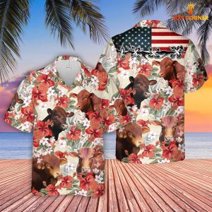 Beefmaster Cow Flaunting Us Flag Hibiscus Hawaiian Shirt