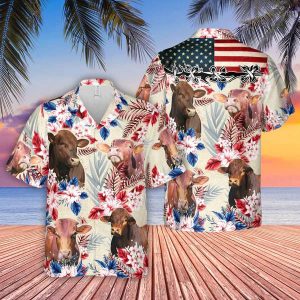 Beefmaster Pattern Us Flag Trendy Hawaiian Shirt, Farm Cow Trendy Hawaiian Shirt For Men And Women