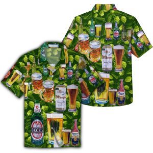 Beer Hawaii Shirt Beer Cups And Bottle Pattern Tropical Green Hawaiian Shirt Beer KLA Shirt