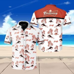Beer Hawaiian Shirt Budweiser Logo Tropical Palm Trees Pattern Red White Hawaii KLA Shirt
