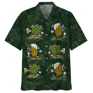 Beer Hawaiian Shirt Hops And Beer Cups Dark Green KLA Shirt Beer Hawaii Shirt