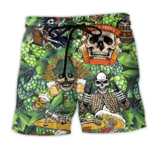 Beer It’s Beer Time Skull Leaf Trendy KLA Hawaiian Beach Shorts