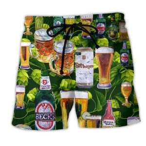 Beer Love It Green Leaves Trendy KLA Hawaiian Beach Shorts