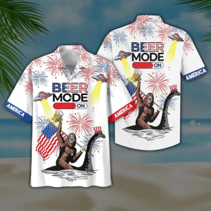 Beer Mode On Bigfoot Ufo White Trendy Hawaiian Shirt, Short Sleeve Hawaiian KLA Shirt For Men