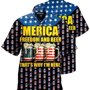 Beer Trendy Hawaiian Shirt American Flag Beer Cups Merica Freedom And Beer That’s Why I’m Here Black Hawaii Shirt Beer KLA Shirt