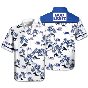 Beer Trendy Hawaiian Shirt Bud Light Beer Palm Trees White Blue Hawaii KLA Shirt Beer Hawaii Shirt