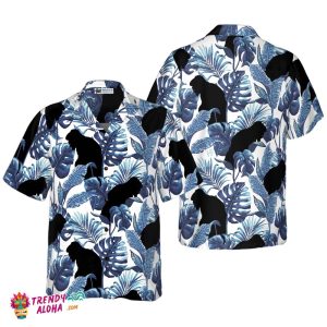 Bigfoot & The Blue Leaves Bigfoot Hawaiian Shirt, White And Navy Blue Tropical Floral Bigfoot Shirt For Men