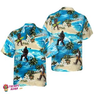 Bigfoot Aioha Beach Bigfoot Hawaiian Shirt, Palm Tree And Flower Blue Ocean Bigfoot Surfing Shirt For Men