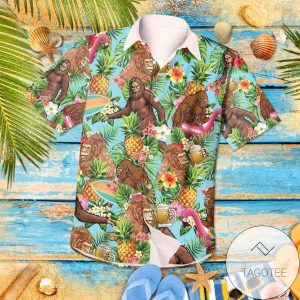 Bigfoot Cheering Beer Summer Vibe Tropical Fruits Hawaiian Shirts