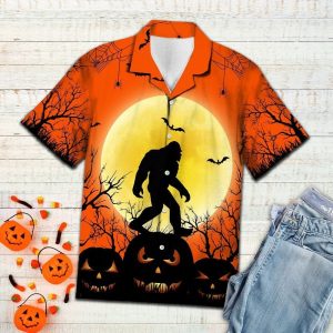 Bigfoot Halloween Hawaii Shirt Bigfoot Halloween Moon Pumpkin Orange Hawaii KLA Shirt