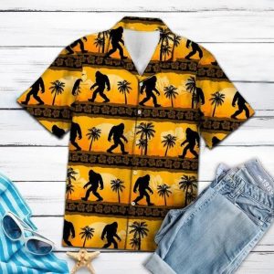 Bigfoot Hawaii Shirt Yellow Sunset Bigfoot Palm Tree Pattern Trendy Hawaiian Shirt