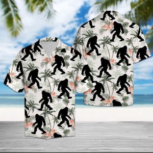 Bigfoot Hawaiian Shirt Bigfoot Black White Pattern Green Palm Tree Hawaii KLA Shirt