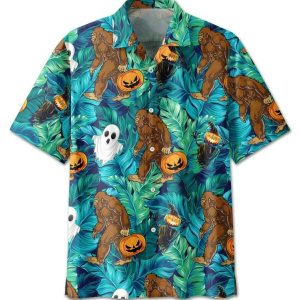 Bigfoot Jack O’ Lantern Halloween Pumpkin Trendy Hawaiian Shirt, Unisex Print KLA Short Sleeve Casual Shirt