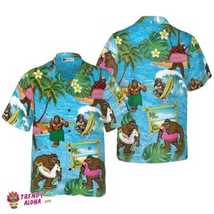 Bigfoot On The Beach Bigfoot Hawaiian Shirt, Tropical KLA Wave Surfing Bigfoot Shirt For Men
