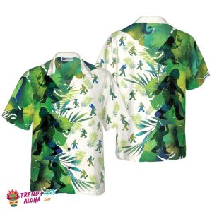 Bigfoot Silhouettes In Tropical Hawaiian Shirts For Men, Green Sasquatch Shirts