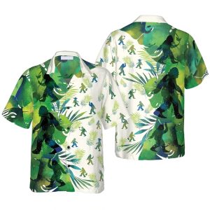 Bigfoot Silhouettes In Tropical Trendy Hawaiian Shirts For Men, Green Sasquatch Shirts, Bigfoot Tropical Summer KLA Shirt For Men