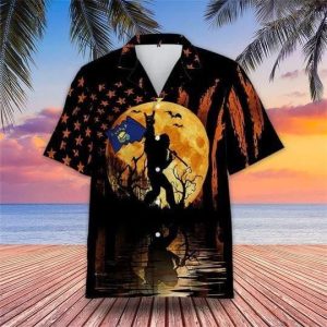 Bigfoot With Montana Flag Halloween Trendy Hawaiian Shirt, Unisex Print KLA Short Sleeve Casual Shirt