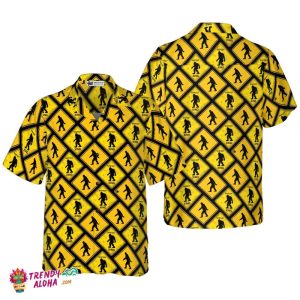 Bigfoot Yellow Square Bigfoot Hawaiian Shirt, Diamond Pattern Caution Signs Bigfoot Shirt For Men