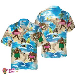 Bigfoots Are On Summer Vacation Bigfoot Hawaiian Shirt, Tropical KLA Wave Surfing Bigfoot Shirt For Men