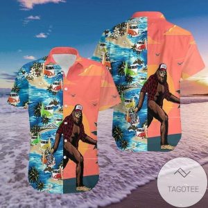 Bigfoot’s Beach Adventure Illustrated On Tropical Hawaiian Shirt