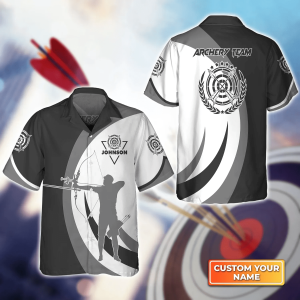 Black And Grey Silhouette Archery Target Personalized Name 3D Trendy Hawaiian Shirt, Gift For Archer Sport Lovers, Gift For Archer
