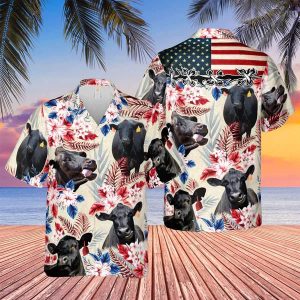 Black Angus American Flag Hawaiian Flowers 3D Trendy Hawaiian Shirt, Cow Trendy Hawaiian Shirt For Men And Women