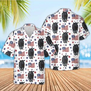 Black Angus American Flag Pattern Trendy Hawaiian Shirt, Funny Cow Trendy Hawaiian Shirt, 4Th Of July Trendy Hawaiian Shirt