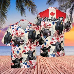 Black Angus Canada Flag Trendy Hawaiian Shirt, Farm Cow Trendy Hawaiian Shirt For Men And Women