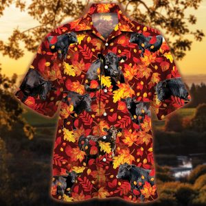 Black Angus Cattle Lovers Autumn Red Leaves Trendy Hawaiian Shirt, Cow Trendy Hawaiian Shirt For Summer Gifts