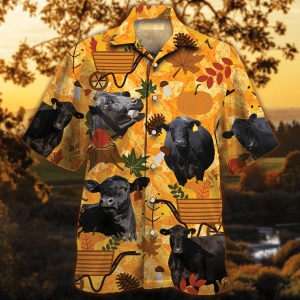 Black Angus Cattle Lovers Orange Nature Autumn Trendy Hawaiian Shirt, Cow Trendy Hawaiian Shirt For Summer Gifts