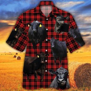 Black Angus Cattle Lovers Red Tartan Pattern Trendy Hawaiian Shirt, Cow Trendy Hawaiian Shirt For Summer Gifts