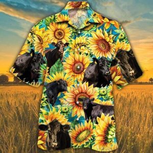 Black Angus Cattle Lovers Sunflower Watercolor Trendy Hawaiian Shirt, Cow Trendy Hawaiian Shirt For Summer Gifts