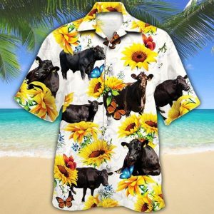 Black Angus Cattle Sunflower Trendy Hawaiian Shirt, Cow Trendy Hawaiian Shirt For Men, Women