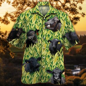 Black Angus Cow Hawaiian Shirt with Corn Pattern Design