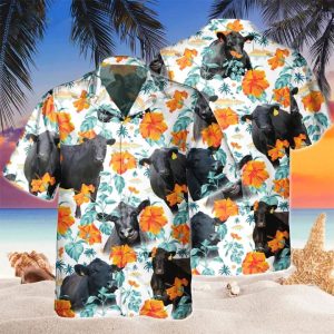 Black Angus Cow in Blue Floral Hawaiian Shirt
