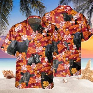 Black Angus Hawaiian Shirt with Orange Floral for Cow Admirers