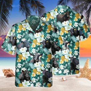 Black Angus Tropical Pineapple Fruit Trendy Hawaiian Shirt, Flowers KLA Shirt For Cow Lovers