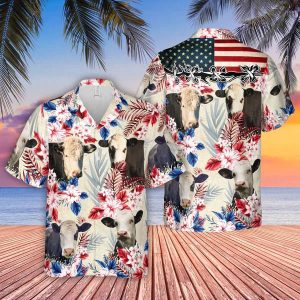 Black Baldy Pattern Us Flag Trendy Hawaiian Shirt, Farm Cow Trendy Hawaiian Shirt For Men And Women